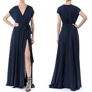 Meghan LA Women S Jasmine Faux Wrap Maxi Dress Navy Blue 70s V Neck Belted Slit